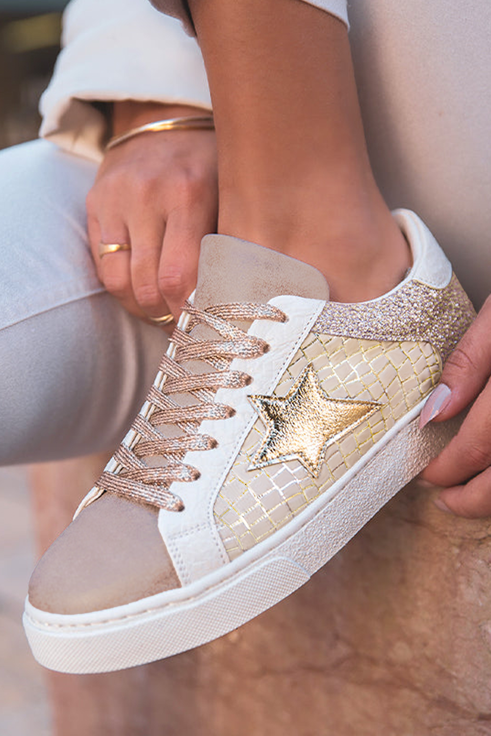 Glitter Star Patchwork Faux Leather Lace-up Sneakers