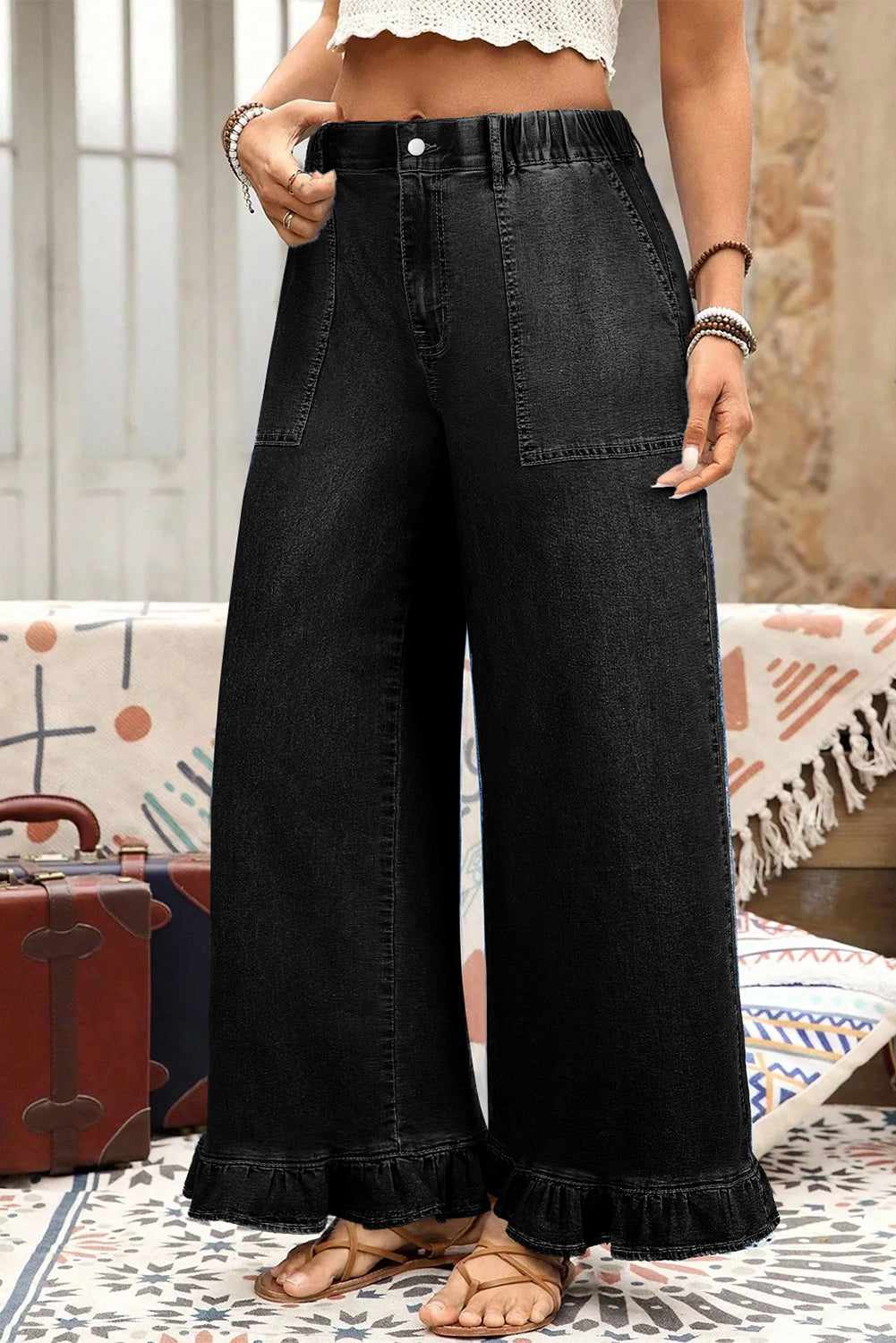 Plus Size Elastic Waist Ruffled Wide Leg Denim Pants
