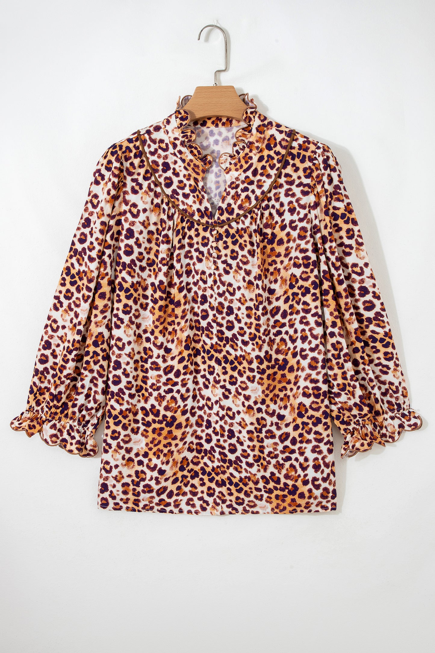 Brown Plus-Size Leopard Frilled Stand Neck Blouse