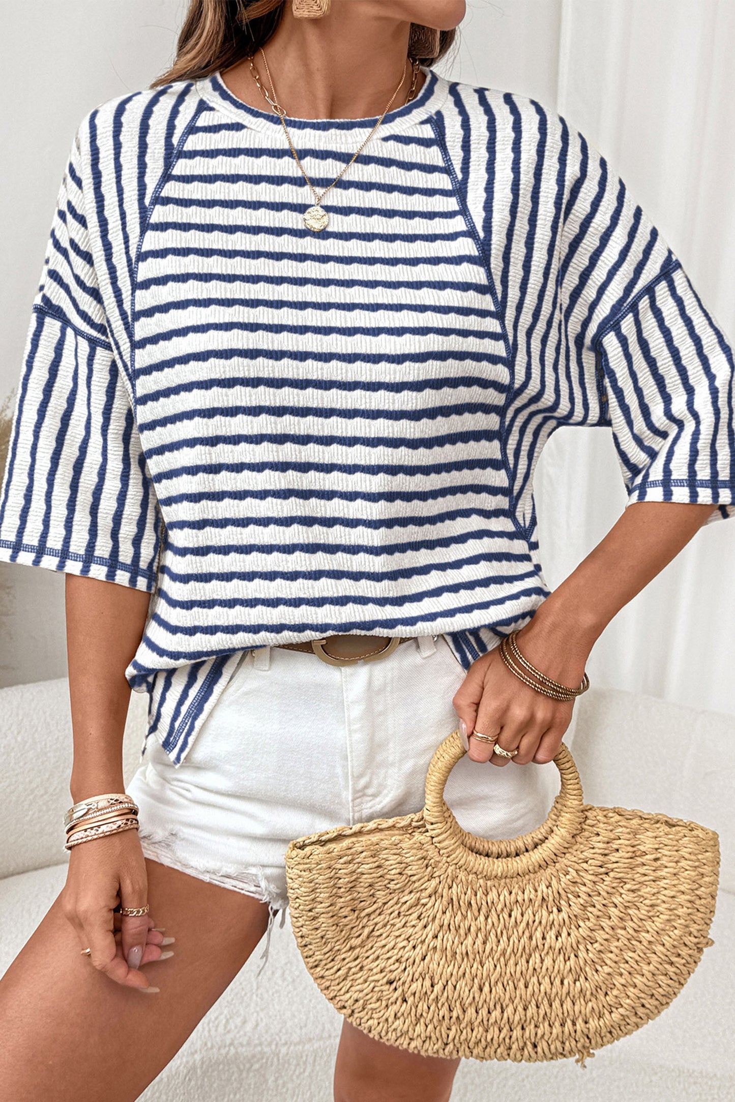 Textured Knit Split-Hem Half Sleeve Loose Top