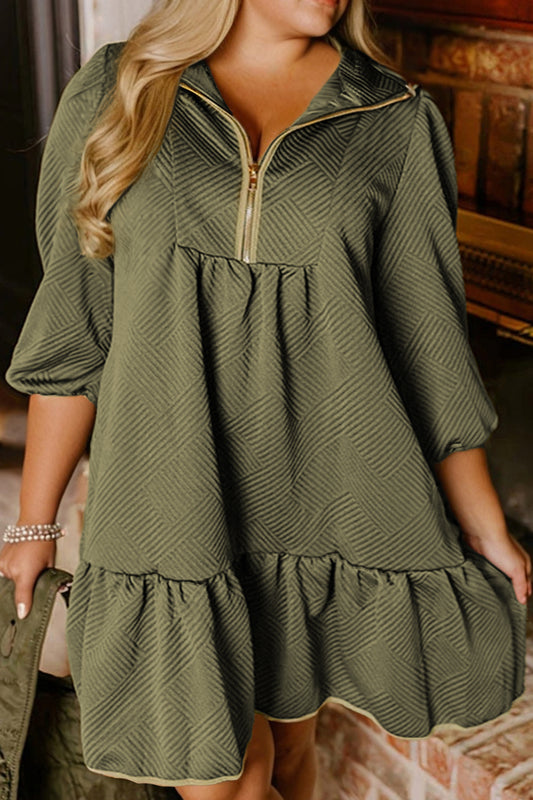 Jungle Green Textured Contrast Trim Quarter Zip Bracelet Sleeve Plus-Size Mini Dress