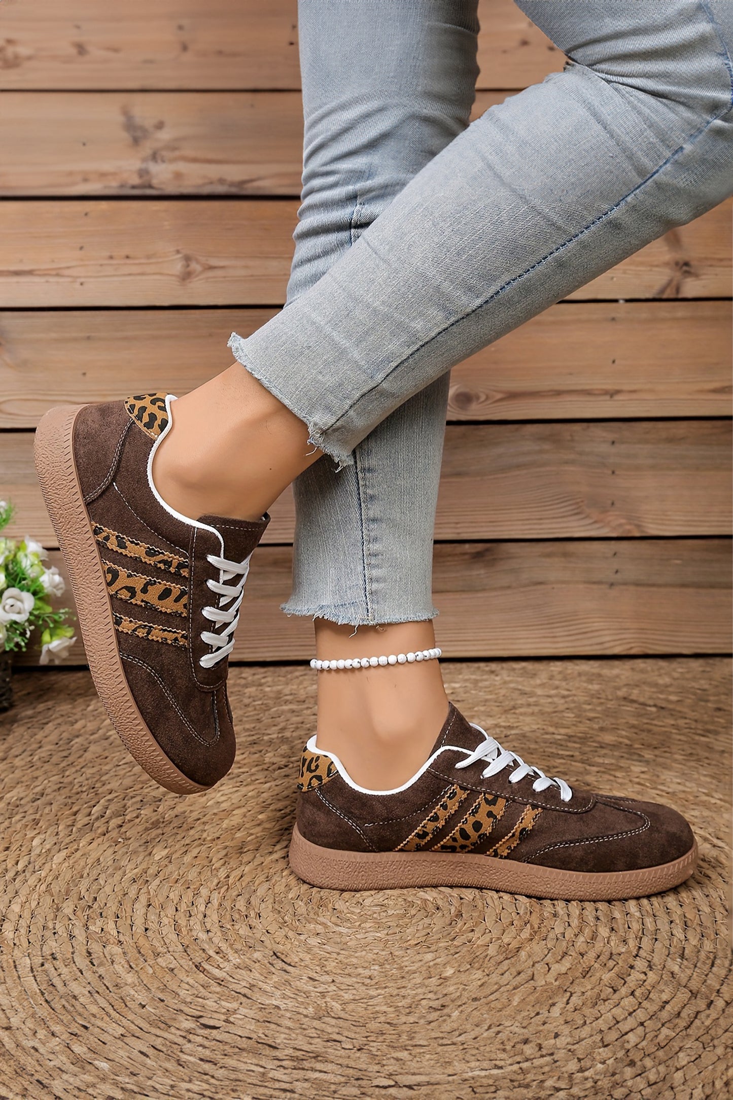 Coffee Contrast Lace-up Leopard Patchwork Detail Faux Suede Sneakers