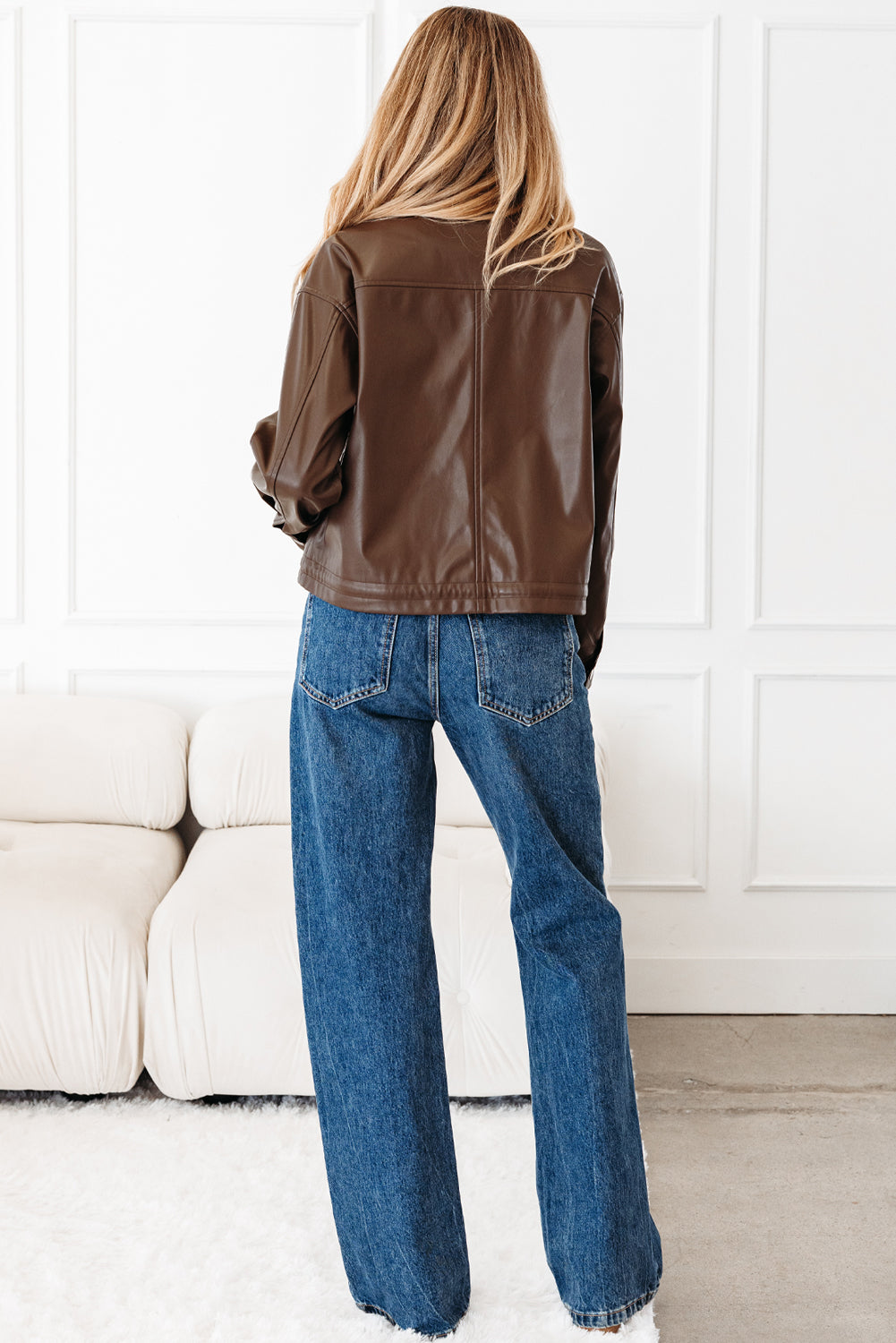 Double Flap Pocket Drawstring Hem Faux Leather Jacket